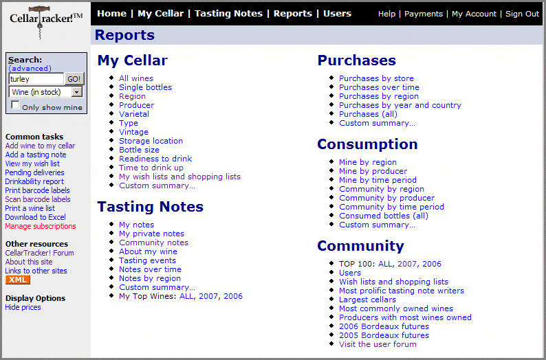 Standard CellarTracker reports (Click to Enlarge)