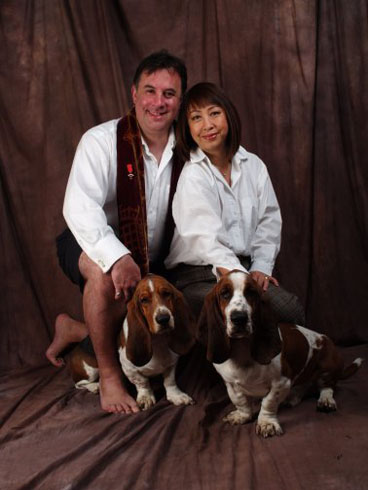 with wife, Chef Julie Tan and Bassett hounds Mouton and Lafite (Click Image to Enlarge)